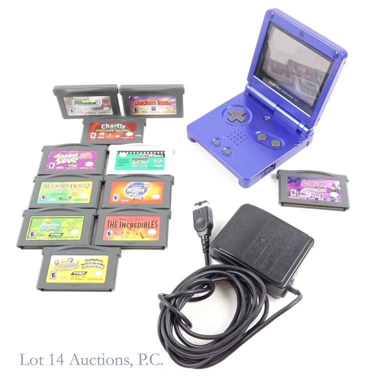 Nintendo Game Boy Advance SP & Games (11): Nintendo Game Boy Advance GBA DS gaming system with the original charger. Tested and working per consigner. Lot includes 11 games without boxes: "Fairly Odd Parents Shadow Showdown", "SpongeBob Square