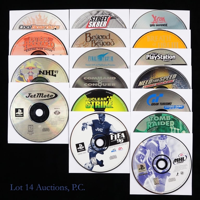 PlayStation Video Games (In Paper Sleeves) (17): 17 Sony PlayStation games in paper sleeves: The Dukes Of Hazard Racing For Home; NHL 97; Jet Moto; Street Sk8er; Beyond The Beyond; Final Fantasy VII; Command & Conquer; Nuclear Strike; FIFA 99; X-Com