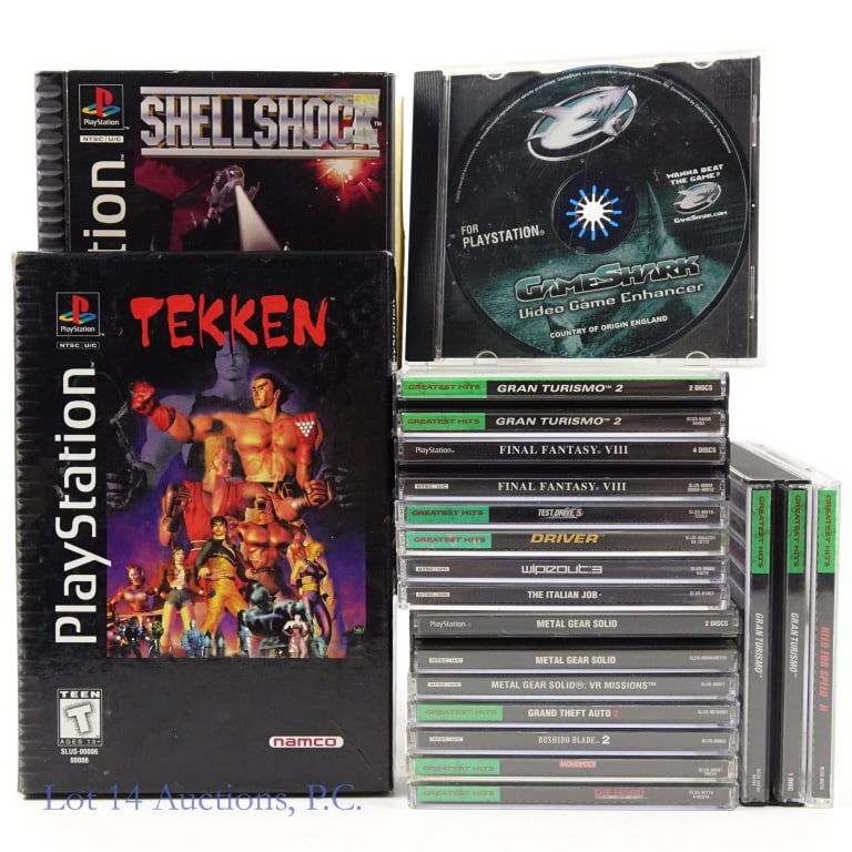 Sony PlayStation Video Games (17): 17 Sony PlayStation video games: Gran Turismo; Gran Turismo 2; Driver; Test Drive 5 (no booklet); Need for Speed II; Wipeout 3; The Italian Job; Metal Gear Solid; Metal Gear Solid: VR Missions; Grand 