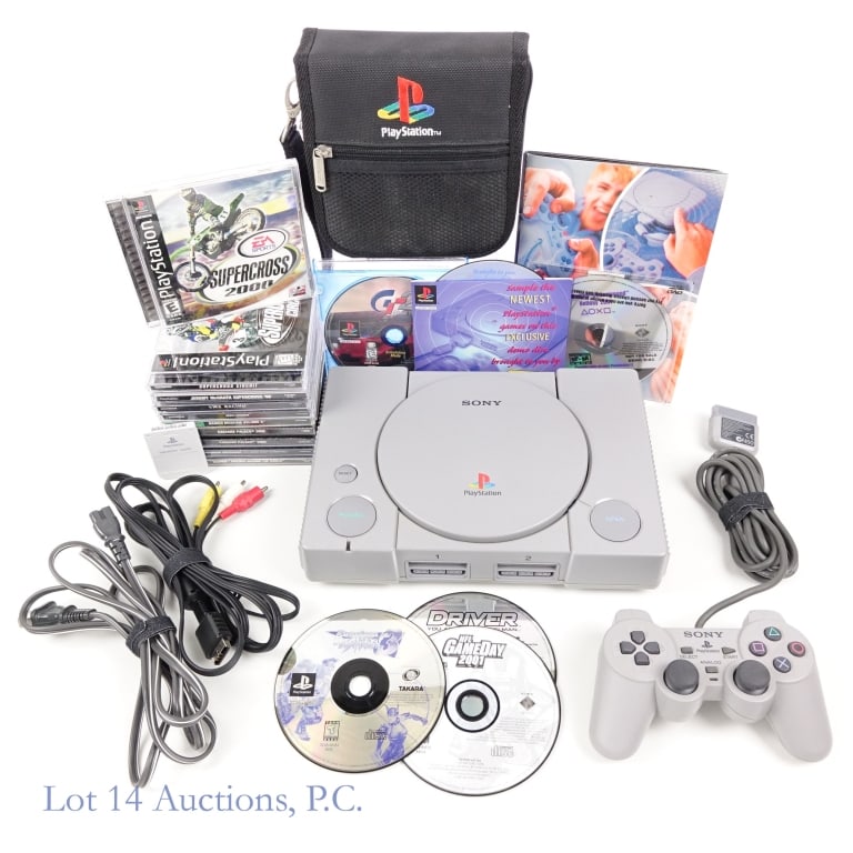 Sony PlayStation 1 Console & Games (14): PlayStation 1 Console & 14 Games. Model No. SCPH-7501. SN: U7513125. Includes: AC cable, AV cable, 1 controller, memory card, manuals, and a zip-up case to store games. Tested and working. Games inclu