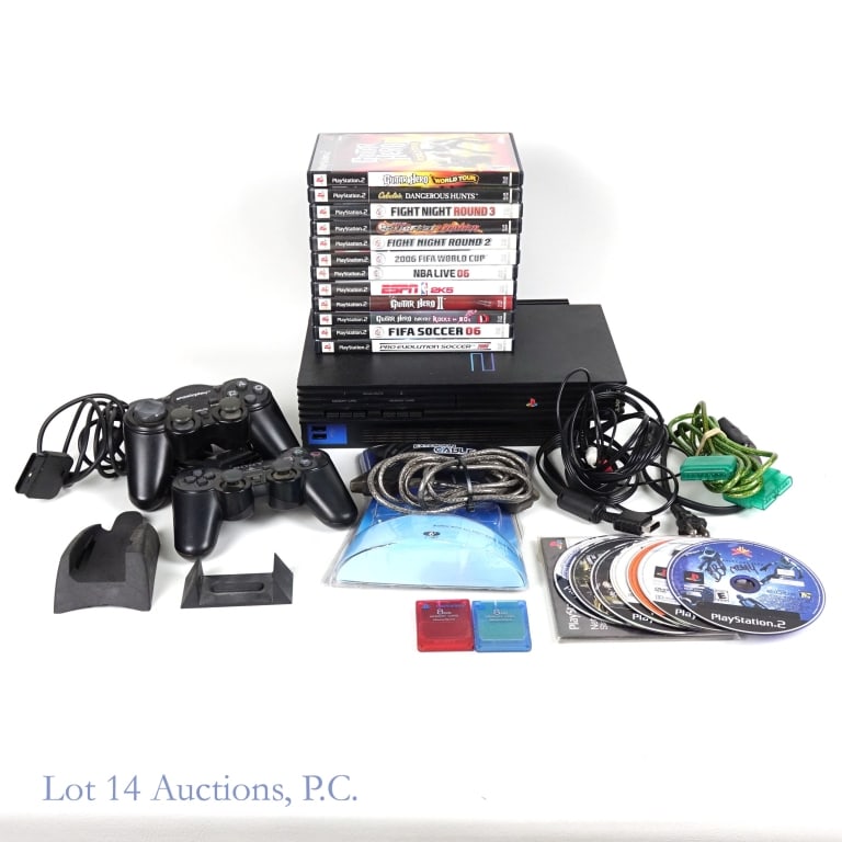 Sony PlayStation 2 Console & Games (19): PlayStation 2 Console & 19 Games. Model No. SCPH-50001. SN: AS1023395. Includes AC cable, AV cable, 2 controllers, 2 8 MB memory cards, extension cable (with box), and Network Adaptor Start-Up disc. T