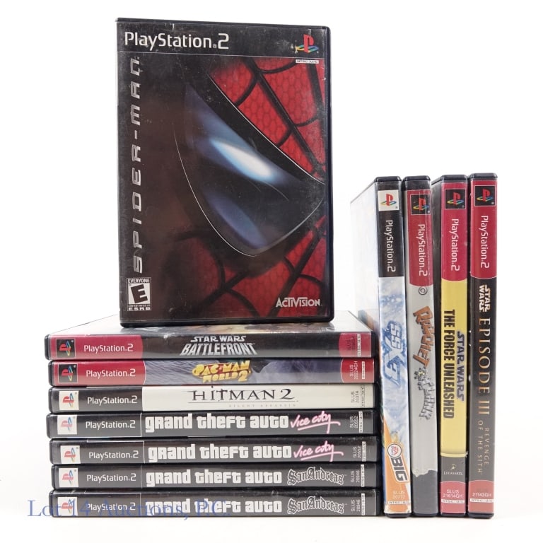 Sony PlayStation 2 Games (12): 12 PlayStation 2 games in original boxes. Lot includes: Ratchet & Clank", "SSX3", ""Spider-Man", "Star Wars Episode III", "Star Wars Force Unleashed", "Star Wars Battlefront", ""Pac-Man World 2", ""Hi