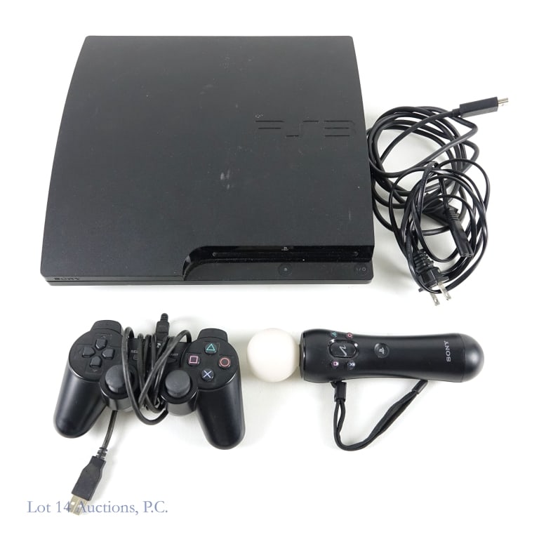 Sony PlayStation 3 PS3 Console Slim: Sony PlayStation 3 PS3 CECH-3001A console with power cord, HDMI cable, 1 original controller with mini USB cable and 1 PlayStation Move motion controller.