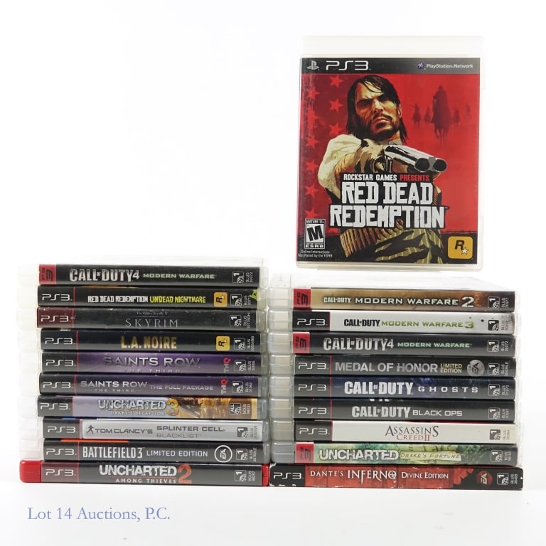 Sony PlayStation 3 PS3 Games (20): 20 Sony PlayStation 3 PS3 games: Dante's Inferno; Assassin's Creed II; Uncharted Drake's Fortune; Uncharted 2 Among Thieves; Uncharted 3 Drake's Deception; Tom Clancy's Splinter Cell Blacklist; Battle