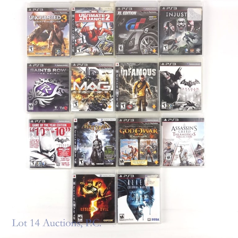 Sony PlayStation 3 Games (14): 14 Sony PlayStation 3 games. Lot includes: "Batman Arkham City Game of the Year Edition", "Batman Arkham Asylum", "God of War Collection", "Assassin's Creed The Americas Collection", "Resident Evil 5"