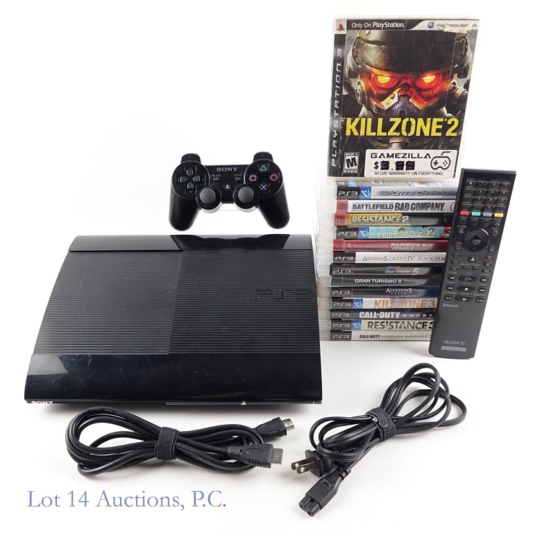 Sony PlayStation 3 Console & Games (14): PlayStation 3 Console (Tested and working) & 14 Games. Model No. CECH-4001B. SN: AA460952857. 250 GB. Includes AC cable, HDMI cable, 1 controller, and 1 remote controller. Tested and working. Games in