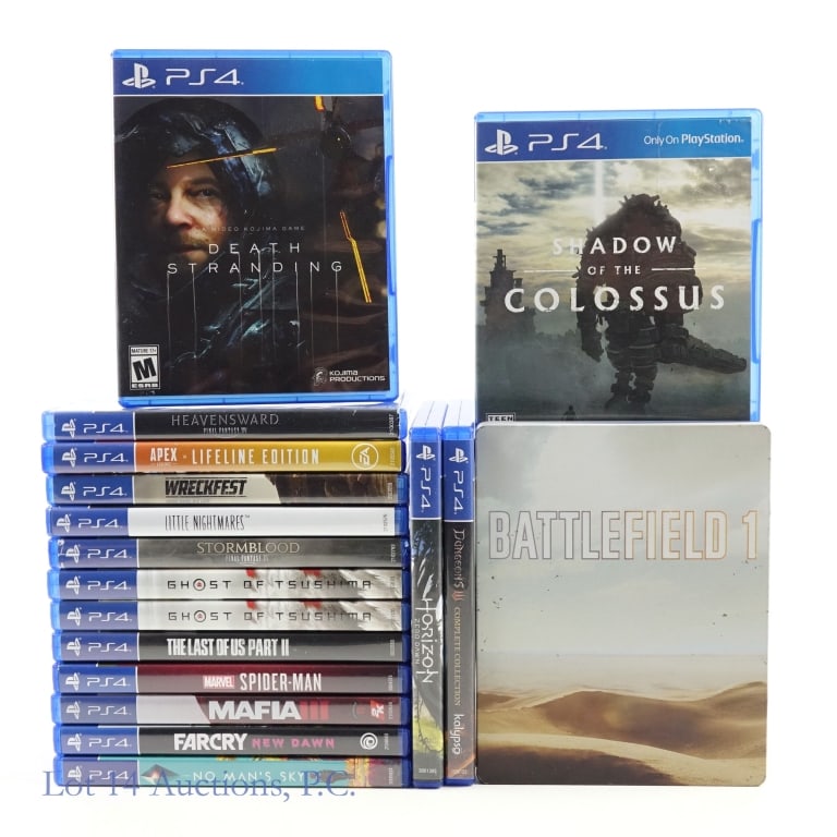 Sony PlayStation 4 PS4 Games (17): Lot includes 17 PlayStation 4 PS4 games in original cases: "Little Nightmares" (missing a booklet); "Wreckfest" (missing a booklet); "Death Stranding" (missing a booklet); "Ghost of Tsushima" (missing
