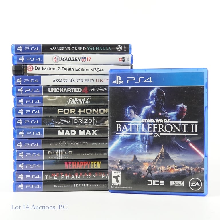 Sony PS4 PlayStation 4 Games (15): 15 Sony PlayStation 4 PS4 games: Diablo Reaper Of Souls; Star Wars Battlefront II; Darksiders II Deathinitive Edition (in generic box); Assassin's Creed Unity; Assassin's Creed Valhalla; Uncharted 4; 