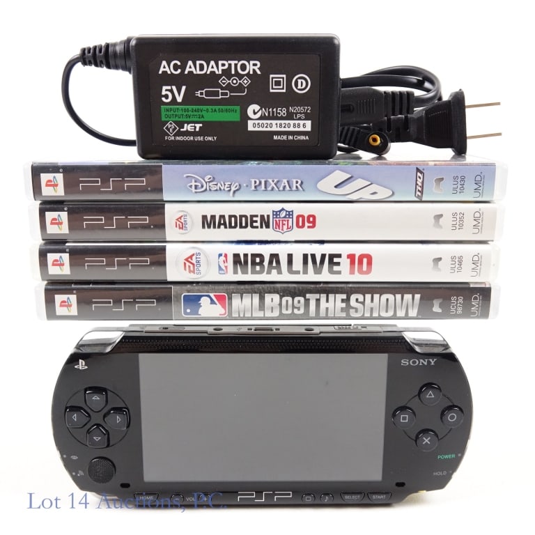 Sony PlayStation Portable Console & Games (4): Sony PlayStation Portable PSP with the aftermarket charger and 32GB memory card. Tested and Working. Lot includes 4 games with original cases and booklets: "Up", "MLB 09 The Show", "Madden 09" and "NB