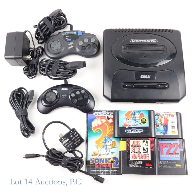 Sega Genesis Console & Games (4): Sega Genesis Console with 1 original controller, 1 aftermarket controller, 1 controller extension cord, video cable and a power adapter. Tested and Working. Lot also includes 4 games: "F22 Interceptor