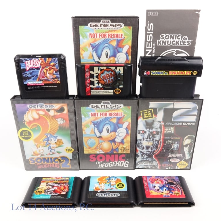 Sega Genesis Games (10): 10 Sega Genesis games. "T2 The Arcade Game", "Sonic The Hedgehog 2" and 2 copies of "Sonic The Hedgehog" in original boxes. "NBA Jam", "Sonic The Hedgehog 2", "Street Fighter II Special Championship E