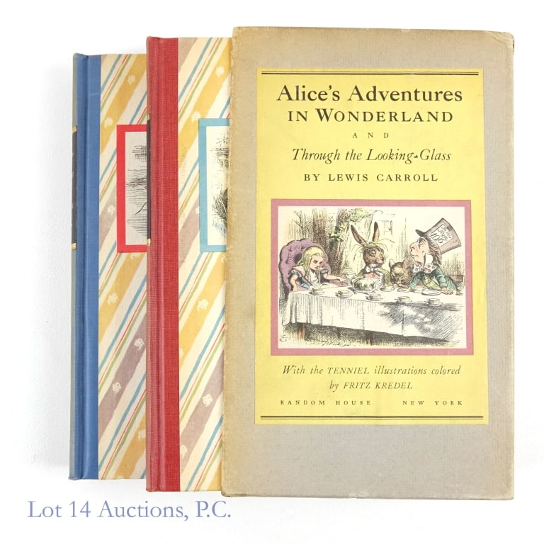 Alice in Wonderland + Looking Glass 1946 Books Set: Set of two books: "Alice's Adventures in Wonderland" and "Through the Looking Glass and What Alice Found There", both by Lewis Carroll (Charles Dodgson). 1946 Special edition by Random House. John Ten