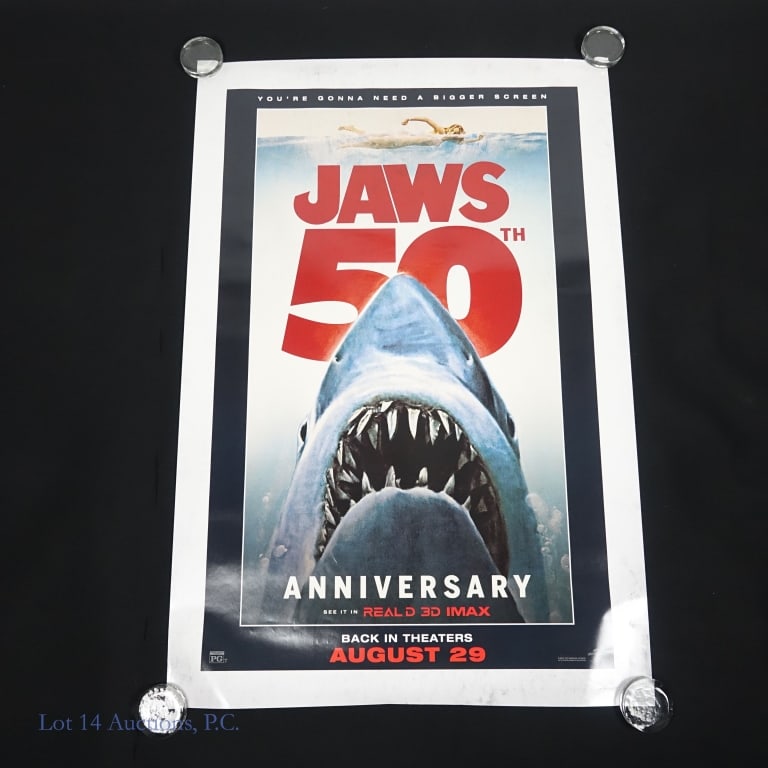 Jaws Official Movie Poster 50th Anniversary: Jaws 50th Anniversary authentic official movie poster. Double sided. 2025 release. Real D 3D IMAX. Measures 40" x 27".