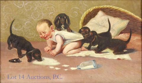 Baby & Puppies Oil Painting