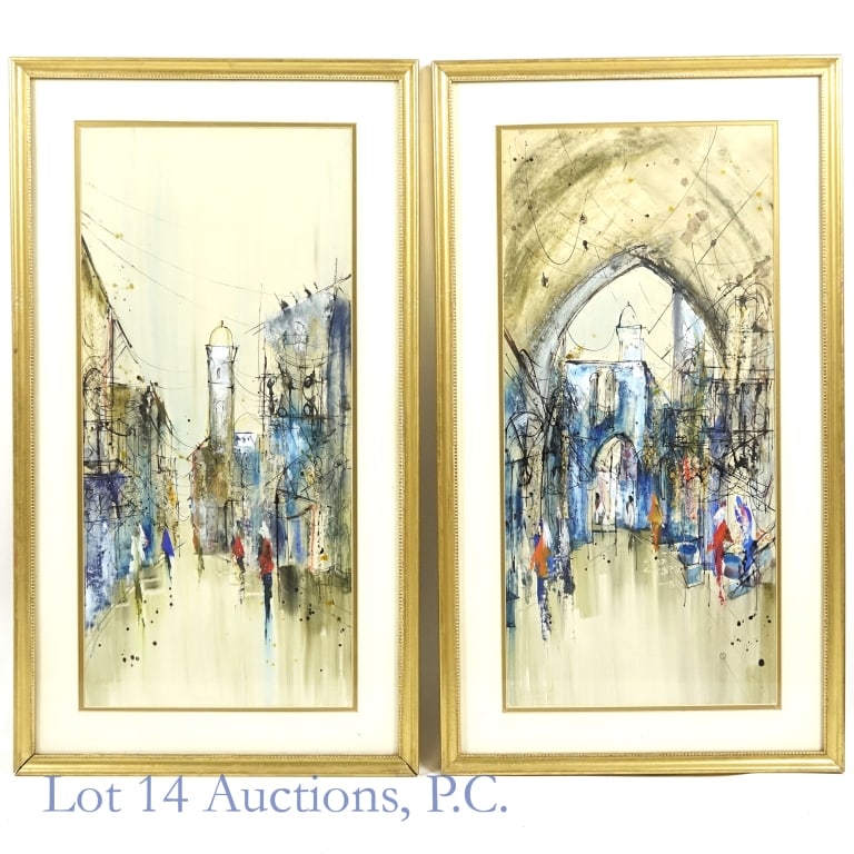 Ben Avram Watercolor Paintings (2): Two large watercolor paintings by artist Ben Avram. Each depict an abstracted city street, and both are signed by the artist in the bottom left corner. Each of the painting is 12.5 x 27", and each of