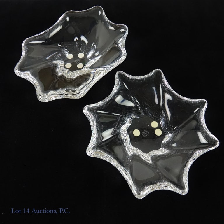 Baccarat Candy Dishes (2): Baccarat solid crystal candy dishes. Set of 2. Baccarat France etched on the bottom. One measures approximately 7" diagonally and weighs approximately 1.9lb. The other measures approximately 6.5" acro