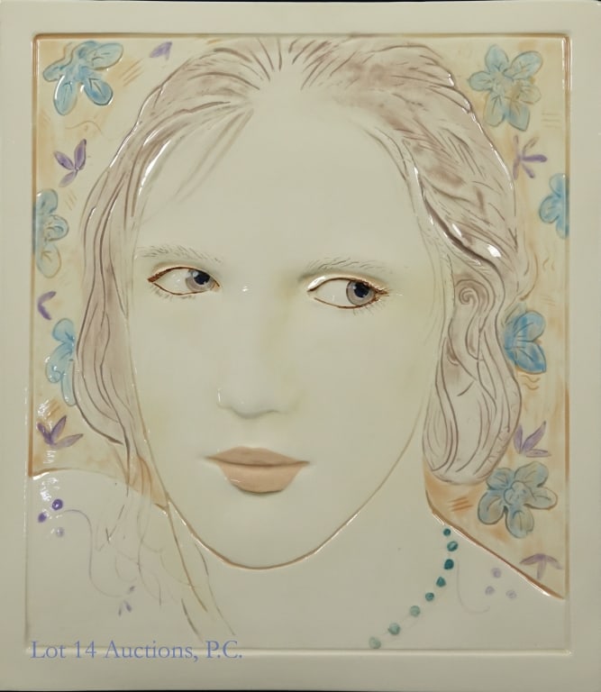 Frank Gallo Ceramic Tile: Glossy glazed ceramic tile by famous American Artist Frank Gallo (1933-2019) depicting a woman's face and shoulders with a floral pattern behind her, using Gallo's signature relief style. No damage or
