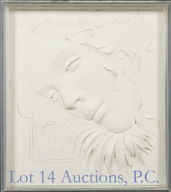 Frank Gallo Ceramic Tile "Secrets": Large piece by famous American Artist Frank Gallo (1933-2019) depicting a woman's face -- a ceramic tile sculpture possibly from the 1970's. Signed and numbered 8/200. Tile approximately 17.5" x 15.5"