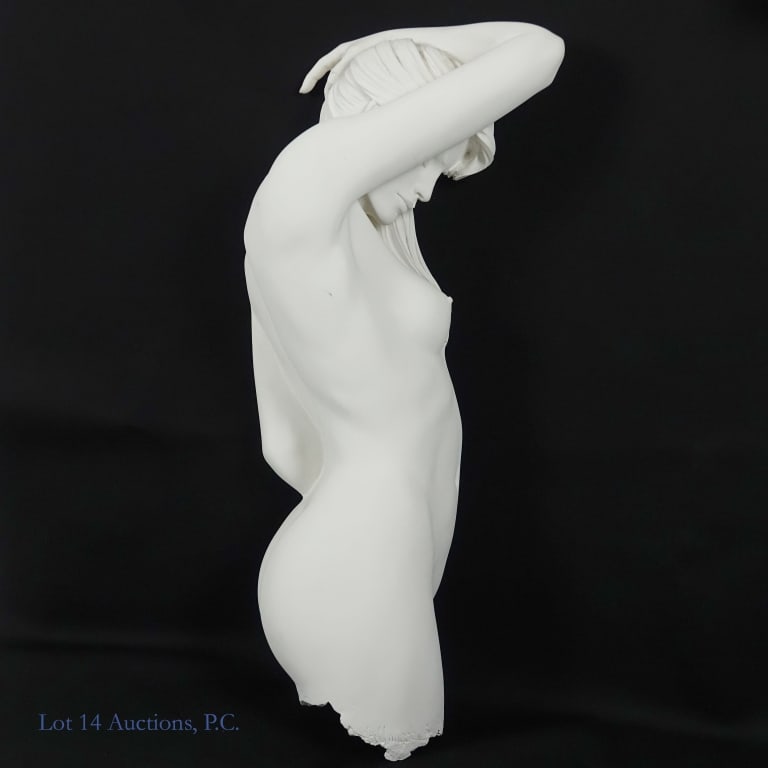 Bill Mack "Essence Torso" Bonded Sand Sculpture: Large bonded sand relief sculpture depicting the upper half of a nude woman's body as she lays with her arm over her face by American artist Bill Mack (b.1944). The piece is signed "bill mack" on the