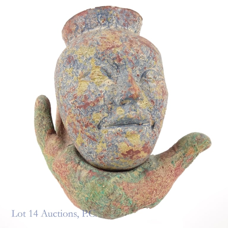 Brutalist Human Hand and Head Pot: A human head pot supported by a human hand - all rendered in the brutalist style. Head is approximately 6" tall on its own, When the head is resting in the hand, the two pieces combined are approximat