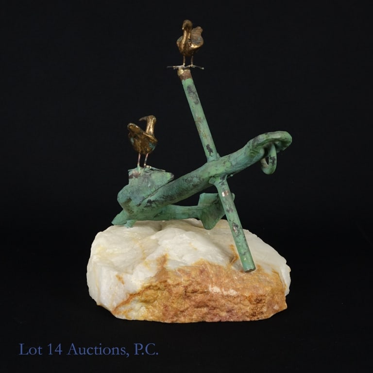 Curtis Jere (C. Jere) Signed Anchor & Birds Sculpt: Curtis Jere (C. Jere) signed multimedia sculpture depicting two sea birds perched on a green "patinaed" anchor, which is set on top of a piece of rock, perhaps quartz. Signature is on the underside of
