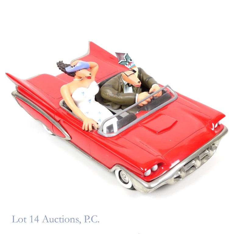 Markus Pierson "Wild, Free, & Reckless" Sculpture: "Wild, Free, & Reckless" sculpture by Markus Pierson. Made in 1994. Signed and numbered "39110" on the male figure's left arm. Measures 21.5"L x 12"W x 8"H. The front car window has popped off - not b