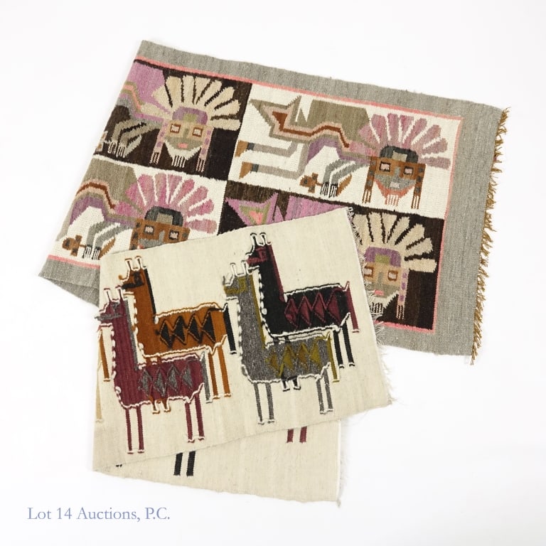 Peruvian Weavings (2): Two loom-made Peruvian weavings. The first appears to be made from alpaca wool, mostly white with colored alpaca motifs across its length. It is approximately 41" x 15.5". The second tapestry has a ha