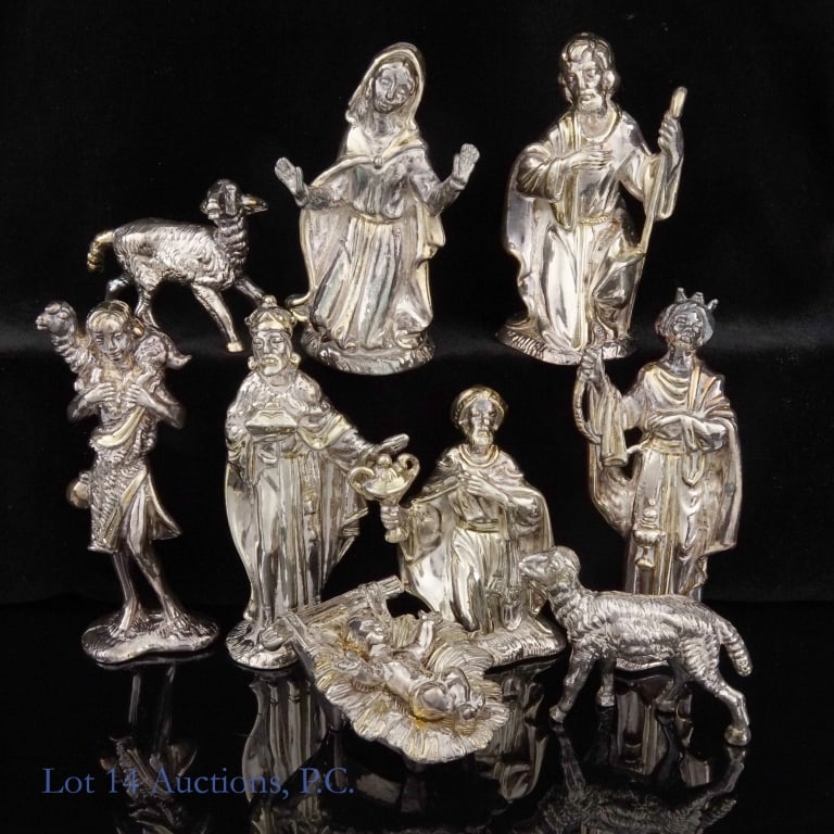 Sam Philipe Sterling Silver Nativity Set: 10 piece nativity set. Most pieces signed on bottom "Sam Philipe" and "31/36" (the two lambs and Baby Jesus are not signed). Most pieces are stamped "925" (Baby Jesus and creche / crib are not). Piece