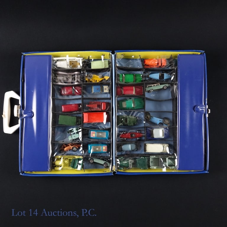 31 Matchbox & Lesney Die Cast Cars & Case: 31 Matchbox cars with a Matchbox Collectors case. Among the cars inside the case you will find 2 Lyons Maid ice cream trucks, a Harley Davidson motorcycle with side car, a Lambretta with side car, an