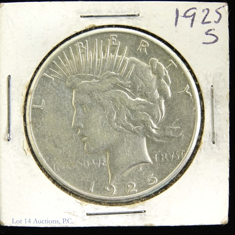 1925-S USA Silver Peace Dollar (BU): 1925-S United States silver peace dollar (San Francisco Mint). Per consigner, in BU condition. Metal is 90% silver and weighs 26.73 grams. Mintage 1,610,000. Silver content confirmed on Lot 14 Auction