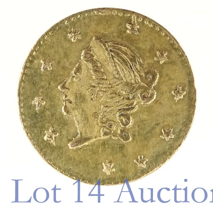 1873 USA California Round Half Dollar Gold Piece: 1873 United States California non-denominated half dollar gold piece (BG-1012). Per consigner, nice high grade with minimal contact marks and semi p/l/ surfaces. Period II with reference number BG 101