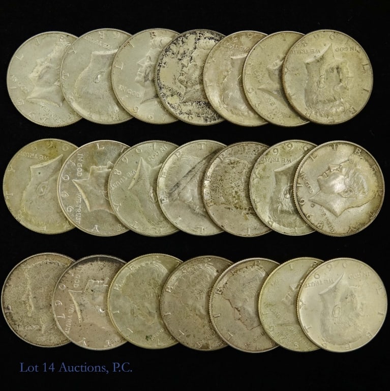 1965 -1970 USA 40%-Silver Kennedy Half Dollars, 21: Twenty-one (21) 1965 to 1970 United States 40%-silver Kennedy half dollars. Estimated ASW is 3.1 ozt. *** Lot 14 Auctions is not a professional numismatic grading agency. Consigner descriptions are pr
