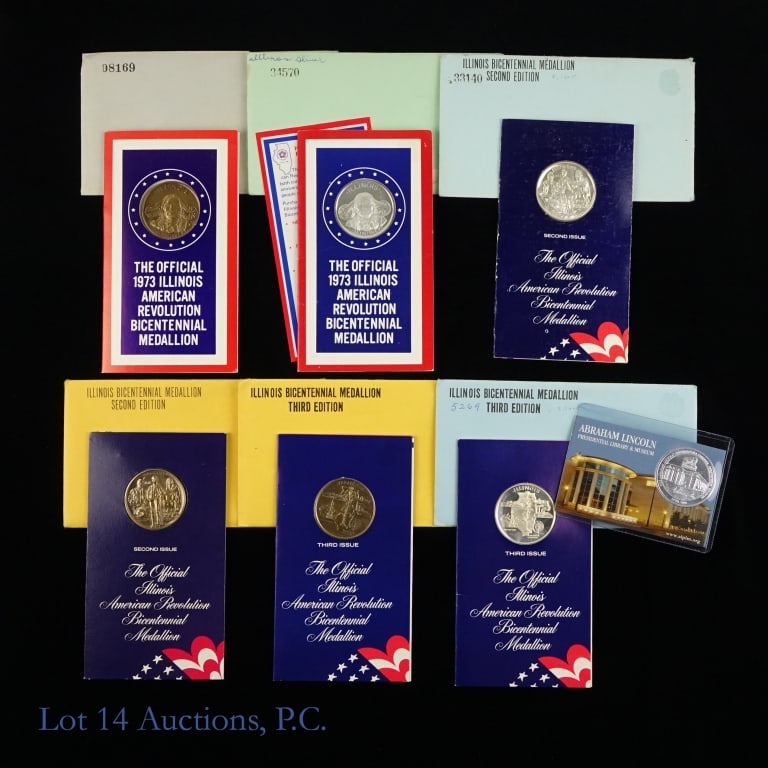 1973+ 92%-Silver & Bronze Ill. AR Bicen. Medals, 7: Seven (7) United States Illinois American Revolution Bicentennial medallions (Lincoln Mint - Chicago) in OGP and Abraham Lincoln presidential library and museum medal. Silver medallions metal is 92.5%