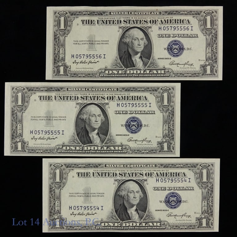 1935-E USA $1 Silver Cert. w/ Consecutive S/Ns, 3: Three (3) United States series 1935-E $1 silver certificates - blue seal with consecutive S/Ns. Per consigner, older notes are extremely popular and much rarer. These notes are in GEM crisp uncirculat