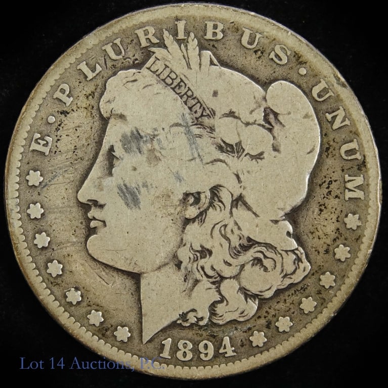 1894-S USA Silver Morgan Dollar Semi-Key Date (G): 1894-S United States Morgan silver dollar (San Francisco Mint). Per consigner, in good condition. Metal is 90% silver and weighs 26.73 grams. Mintage 1,260,000. Silver content confirmed on Lot 14 Auct