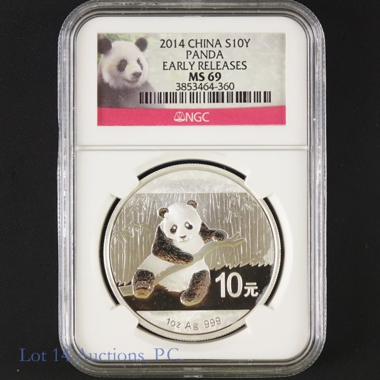2014 China Silver Panda (NGC MS69 Early): 2014 China 10 yuan Silver Panda bullion coin. 1 troy ounce of 0.999 fine silver. Graded by NGC as MS69 and designated and Early Release (3853464-360). We have confirmed this number on the PCGS website