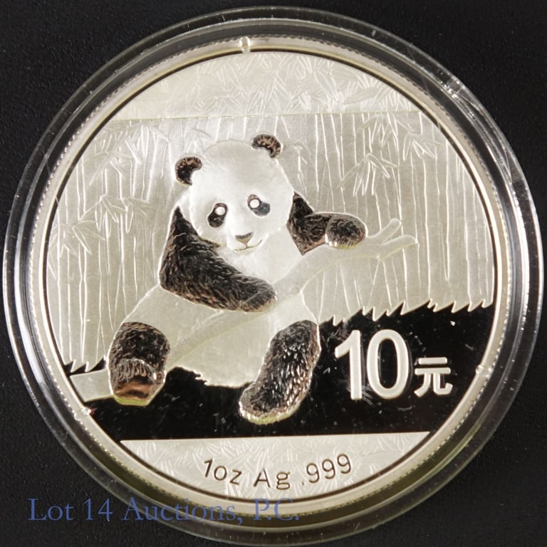 2014 China .999 Fine Silver 1ozt. Panda: 2014 China 10 yuan Silver Panda bullion coin. 1 troy ounce of 0.999 fine silver. This coin appears to be brilliant uncirculated. *** Lot 14 Auctions is not a professional numismatic grading agency. Co