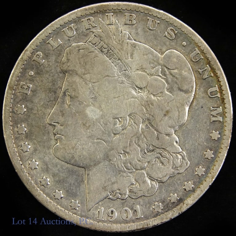 1901-S USA Silver Morgan Dollar (G): 1901-S United States Morgan silver dollar (San Francisco Mint). Per consigner, in good condition. Metal is 90% silver and weighs 26.73 grams. Mintage 2,284,000. Silver content confirmed on Lot 14 Auct