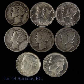 1916 - 1958 USA Better 90%-Silver Dimes (8)