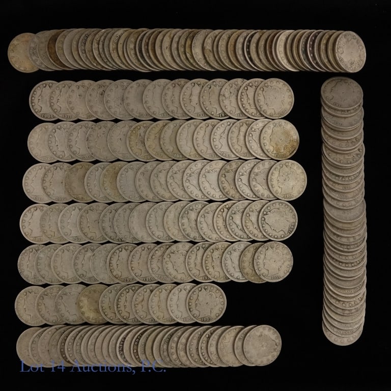 USA Liberty Head Nickels (Approx. 160): Approximately one hundred sixty (160) or four full rolls of head nickels in five plastic coin roll holders as follows: ---liberty head 5c in average G to VG circulation coins dated between 1900 - 1912