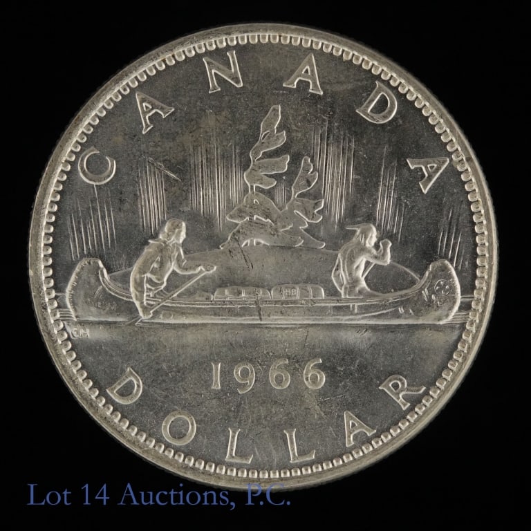 1966 Canada 80%-Silver Canoe Dollar (P/L BU): 1966 Canada silver canoe dollar (Royal Canadian Mint). Per consigner, in P/L BU condition. Metal is 80%-silver, weighs 23.3276 grams (ASW 0.600 ozt.) and diameter 36 mm. *** Lot 14 Auctions is not a p