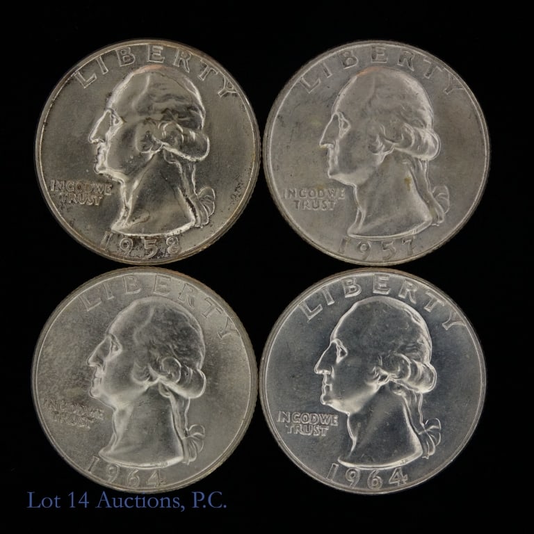 USA 90%-Silver Washington Quarters CH BU (4): Four (4) United States silver Washington quarters (Philadelphia, Denver Mints). Per consigner, all have good luster. Dates, mints and consigner condition comments, as follows: ---1957-D CH BU; ---1958