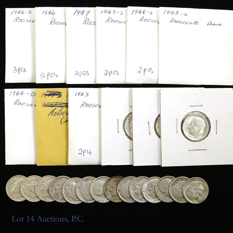 1946 - 1964 USA 90%-Silver Roosevelt Dimes (32): Thirty-two (32) United States silver Roosevelt dimes (Philadelphia, Denver, San Francisco Mints). Earlier dates, better condition and some lower mintages as follows: ---1946; ---1946-S (27.9 million) 