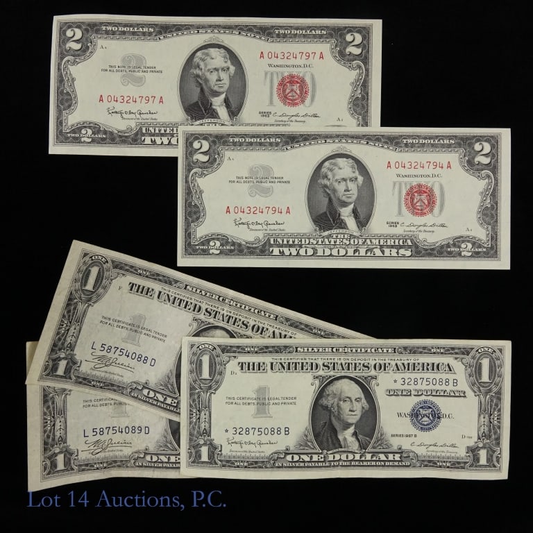 1935-1963 USA Silver Cert & Legal Notes -5: Five (5) United States silver certificates blue seal and legal demand notes red seal as follows: ---series 1935-B $1 silver certificate w/ consecutive S/Ns in VF+ condition (2); ---series 1957-B $1 si