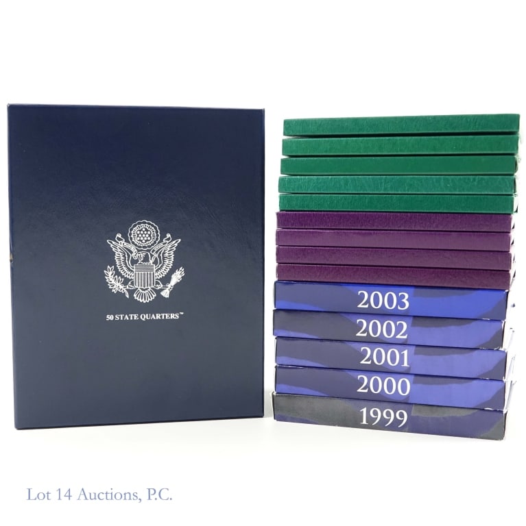 1990 - 2003 U.S. Mint Clad Proof Sets in OGP (14): Fourteen (14) United States Mint clad proof sets (San Francisco Mint) in OGP stored in a blue US Mint storage box as follows: ---1990-S 5-coin set; ---1991-S 5-coin set; ---1992-S 5-coin set; ---1993-