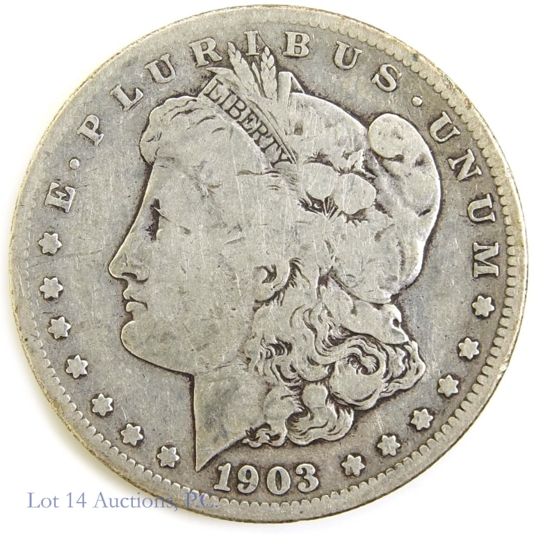 1903-S USA Silver Morgan Dollar (G): 1903-S United States Morgan silver dollar (San Francisco Mint). Per consigner, in G condition. Metal is 90% silver and weighs 26.73 grams. Mintage 1,241,000. Silver content confirmed on Lot 14 Auction