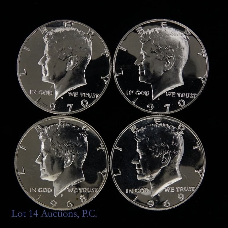 USA 40%-Silver GEM Proof Kennedy 50c (4): Four (4) United States 40%-silver proof Kennedy half dollars (San Francisco Mint). Per consigner, all hand picked for quality and truly gorgeous coins in GEM proof condition. ASW is 0.1479 ozt per coi