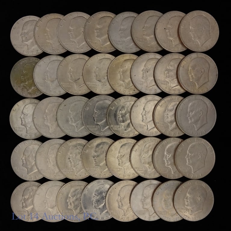 USA Clad Eisenhower Dollars Rolls (40): Forty (40) United States clad Eisenhower dollars (Philadelphia, Denver Mints) in two square plastic coin roll holders. Designer is Frank Gasparro. Per consigner, condition ranges from VF to CH BU with