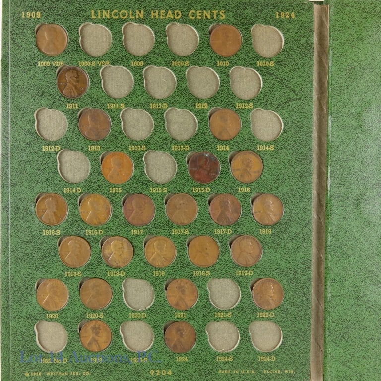 1909 - 1973 USA Lincoln Cents in Album (+124): Over 124 United States Lincoln cents in antique green Whitman album (4 pages). Per consigner, includes some CH to GEM BU and proof coins. A great starter collection. Lot includes --1909-vdb vg, --1922