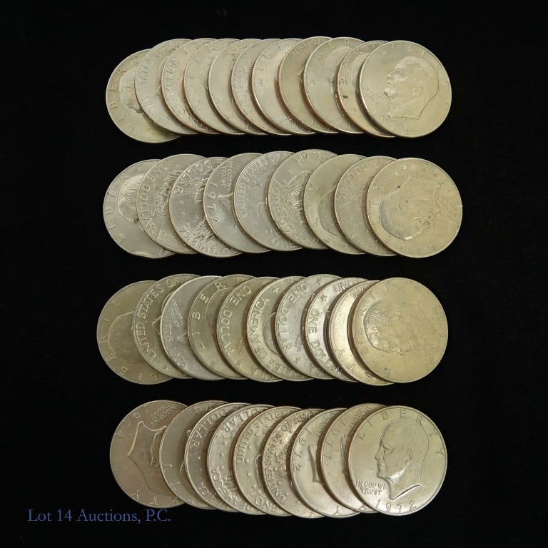 USA Clad Eisenhower Dollars Rolls (40): Forty (40) United States clad Eisenhower dollars (Philadelphia, Denver Mints) in two square plastic coin roll holders. Designer is Frank Gasparro. Metal is 91.67% pure copper, weighs 22.68 grams and m